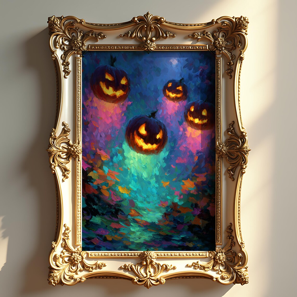 Halloween Pumpkin Spirits Rising Spooky Night Scene Rustic Autumn Decor Oil Painting Art Magical Fall Dcor 343