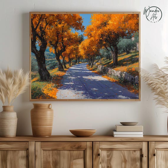 Autumn Country Road Wall Art Rustic Fall Landscape Painting Earthy Nature Decor Windy Path In Woods 417