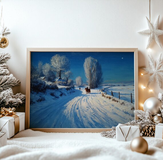 Horse Drawn Sleigh Snowy Night Path Moonlit Winter Painting Poster