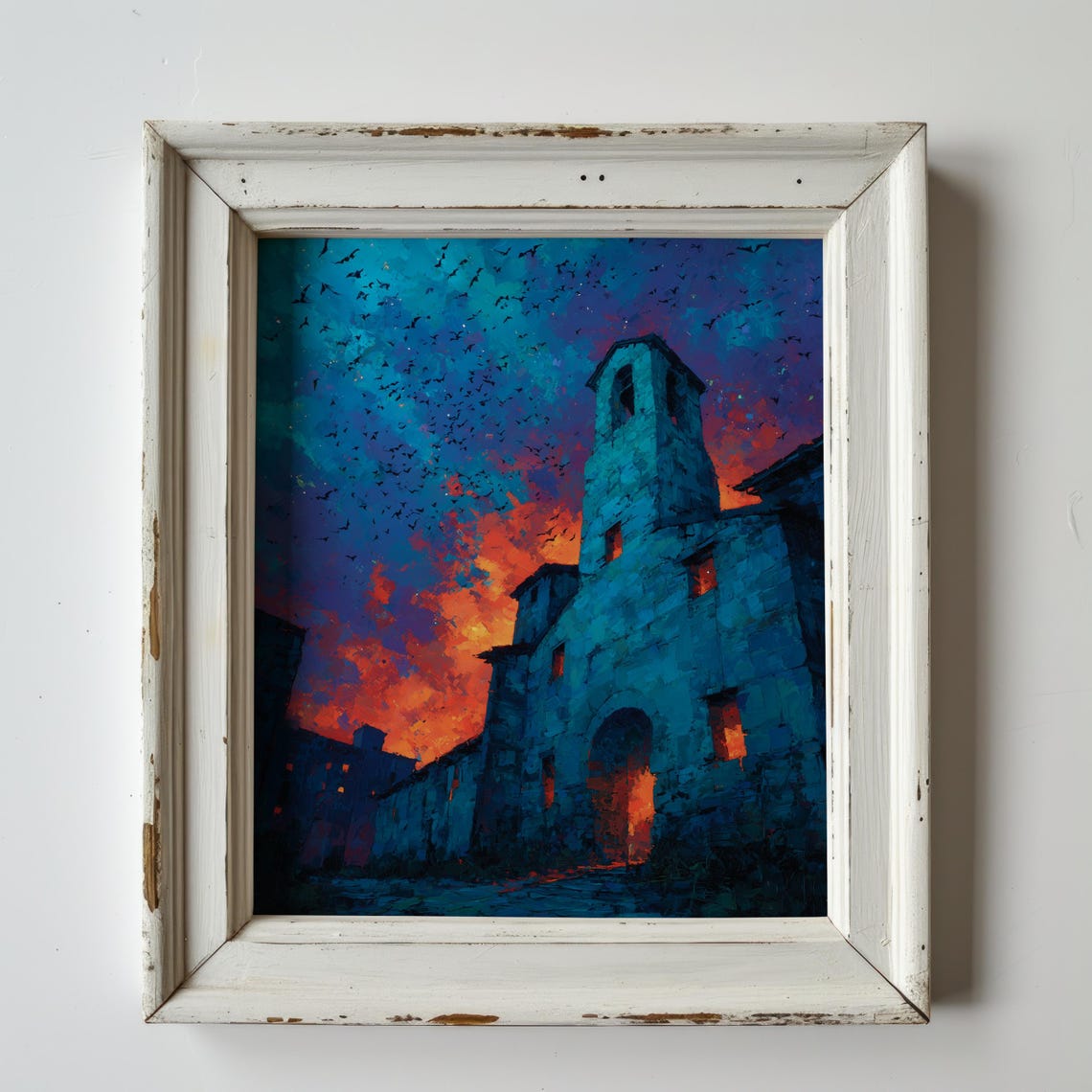 Ancient Stone Tower Flock of Birds Teal Sunset Sky Art Poster