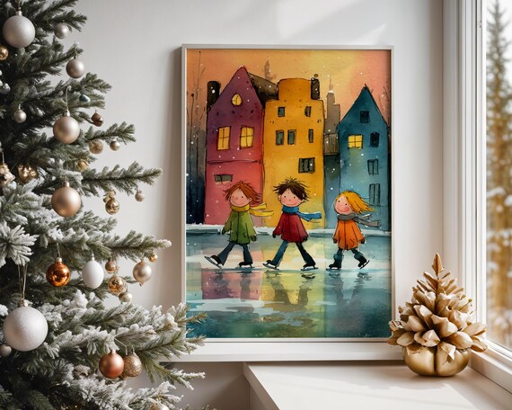 Three Happy Kids Ice Skating Through a Cozy Winter Village Poster
