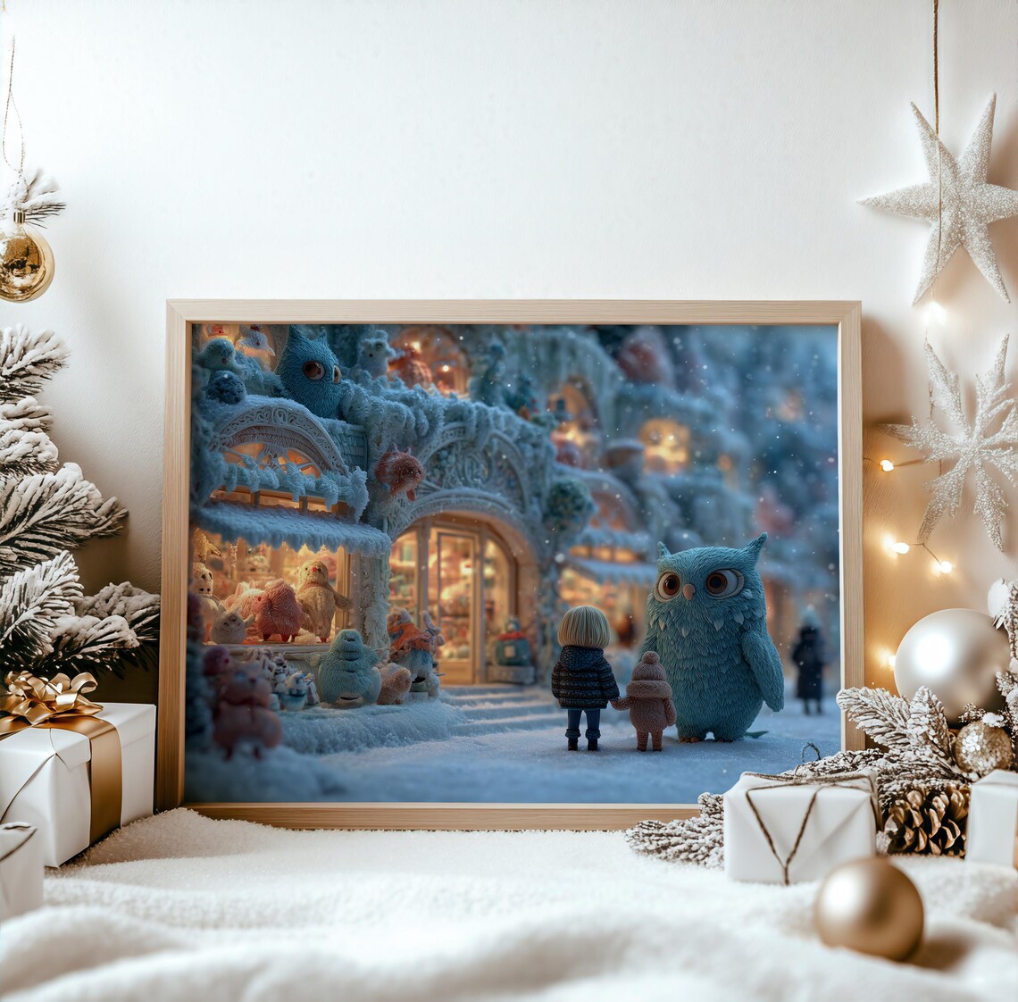 Whimsical Snowy Toy Shop Winter Scene Cute Owl Holiday Magic Print