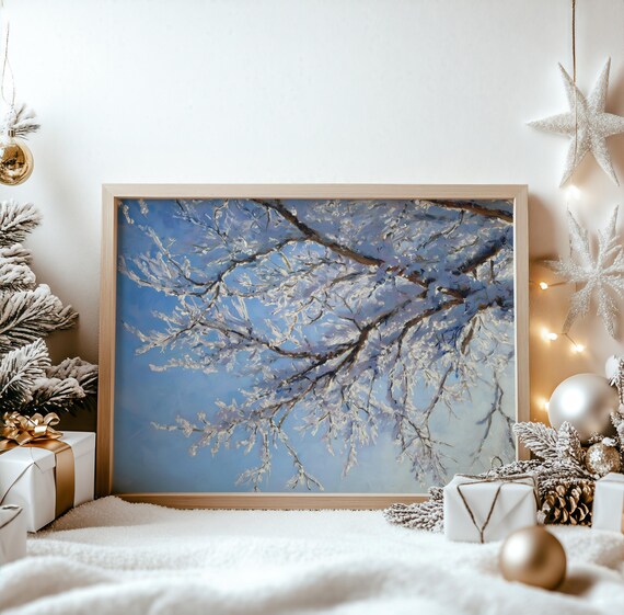 Frosty Tree Branches Winter Oil Painting Snowy Blue Sky Poster