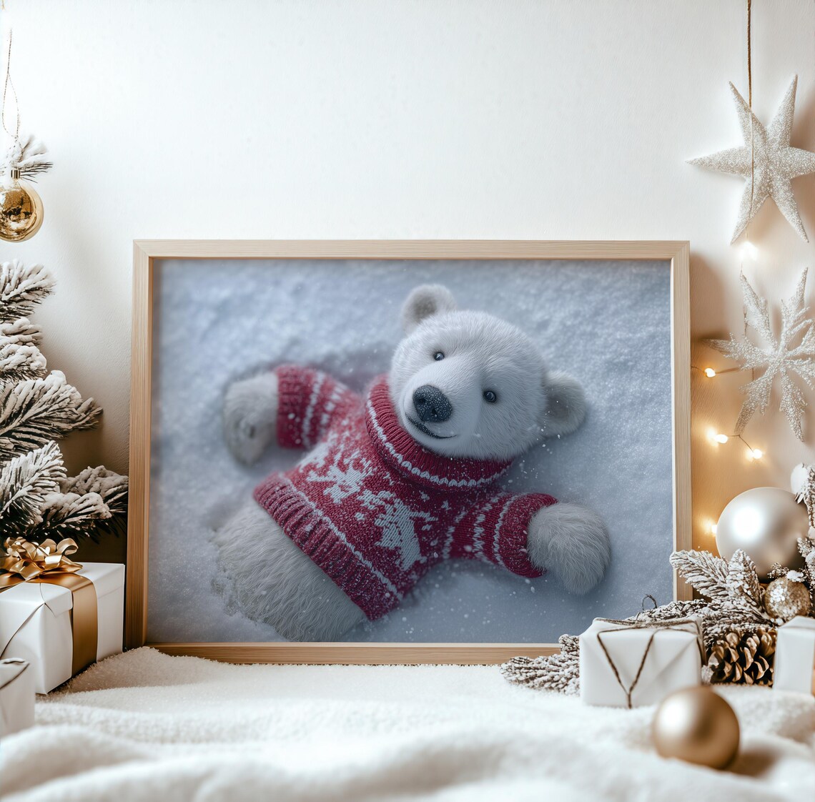 Adorable Polar Bear Cub in a Red Christmas Sweater in the Snow Print