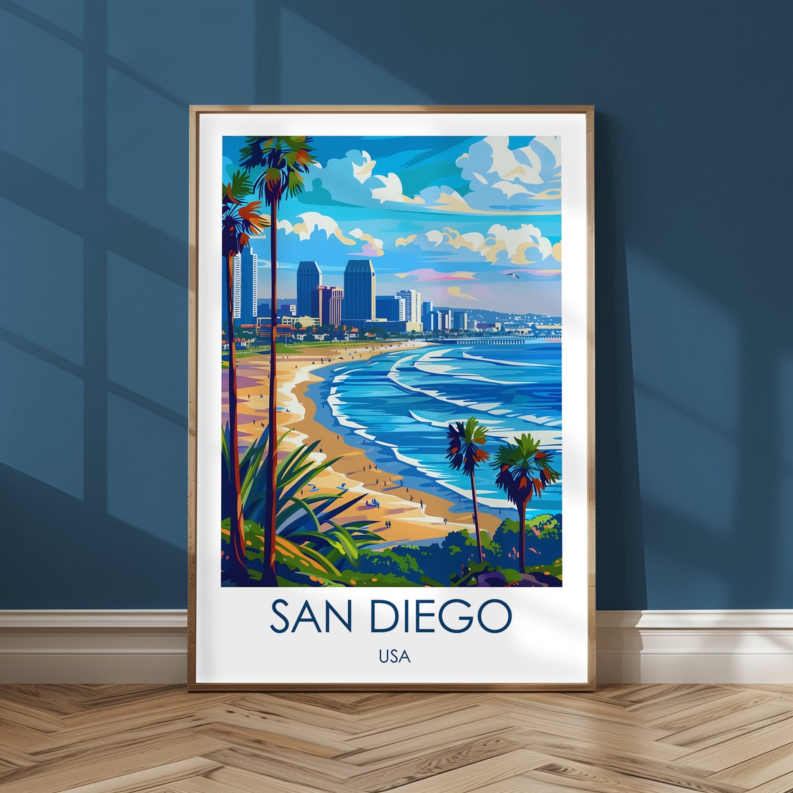 San Diego USA Sunny Beach Palms Skyline Coastal Travel Poster