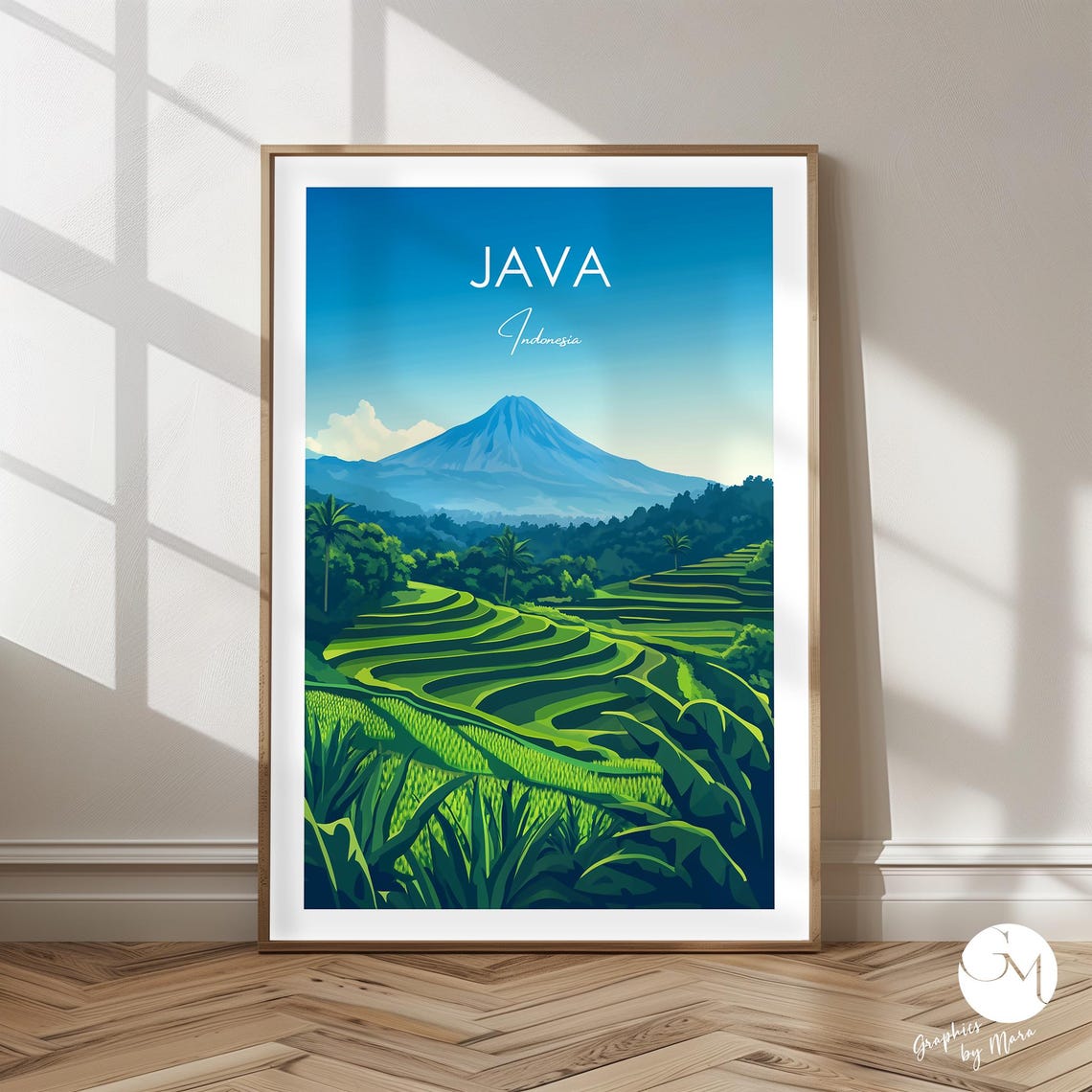 Java Indonesia Morning Volcano Terraced Rice Fields Travel Poster
