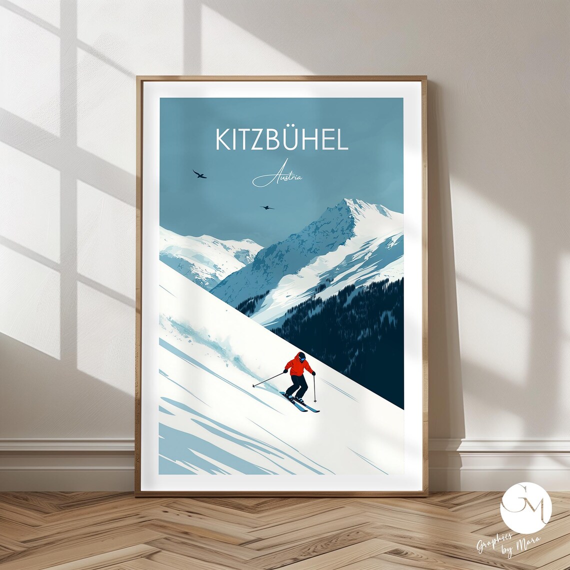 Kitzbühel Austria Skier Mountain Minimalist Winter Travel Poster