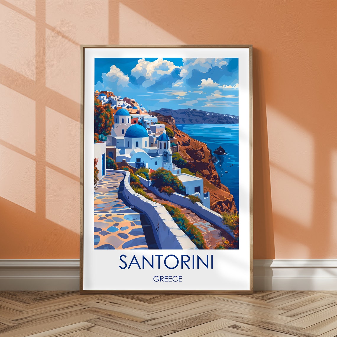 Santorini Greece Blue Dome Churches Aegean Coast Travel Poster