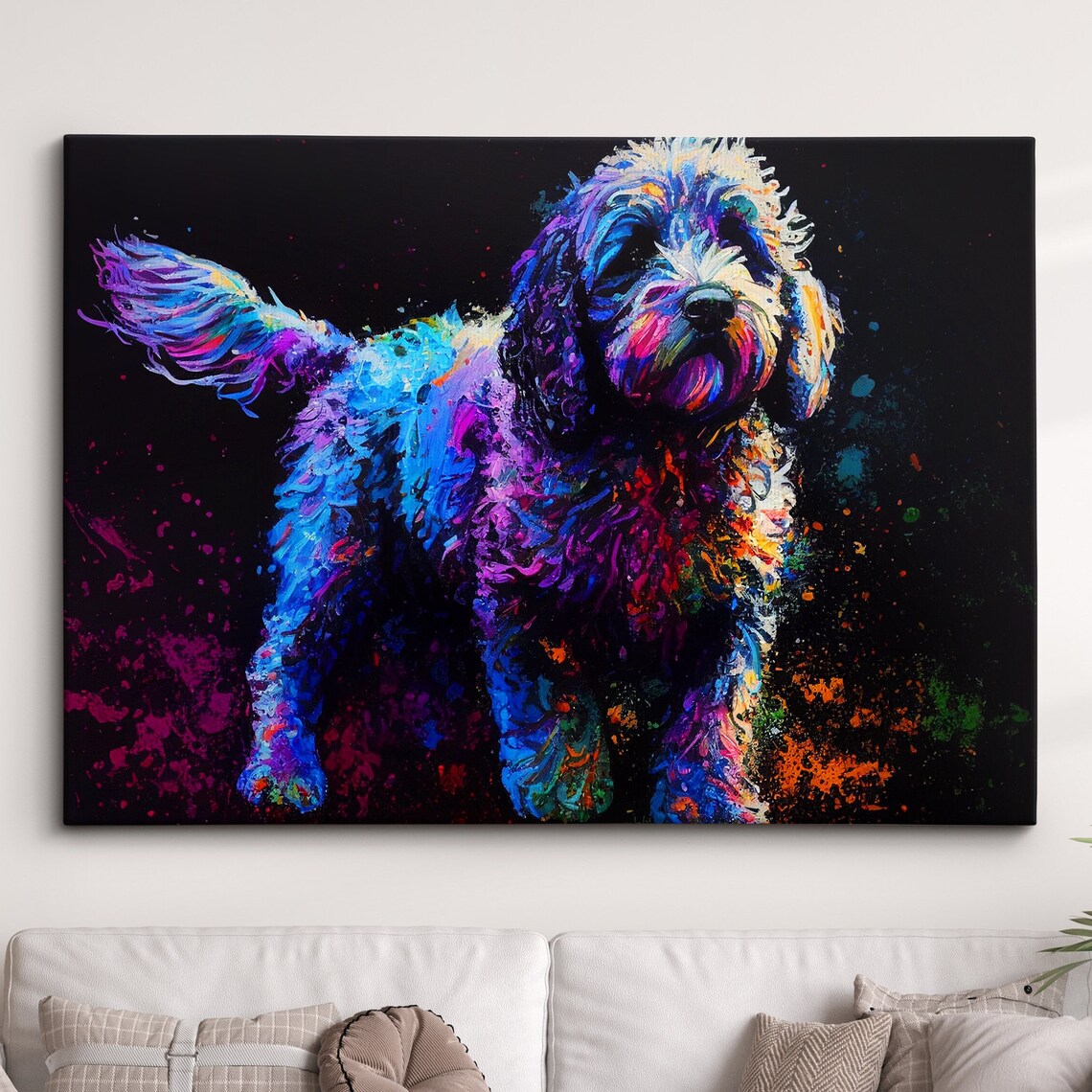Colorful Cockapoo Dog Abstract Oil Painting On Black Background Poster