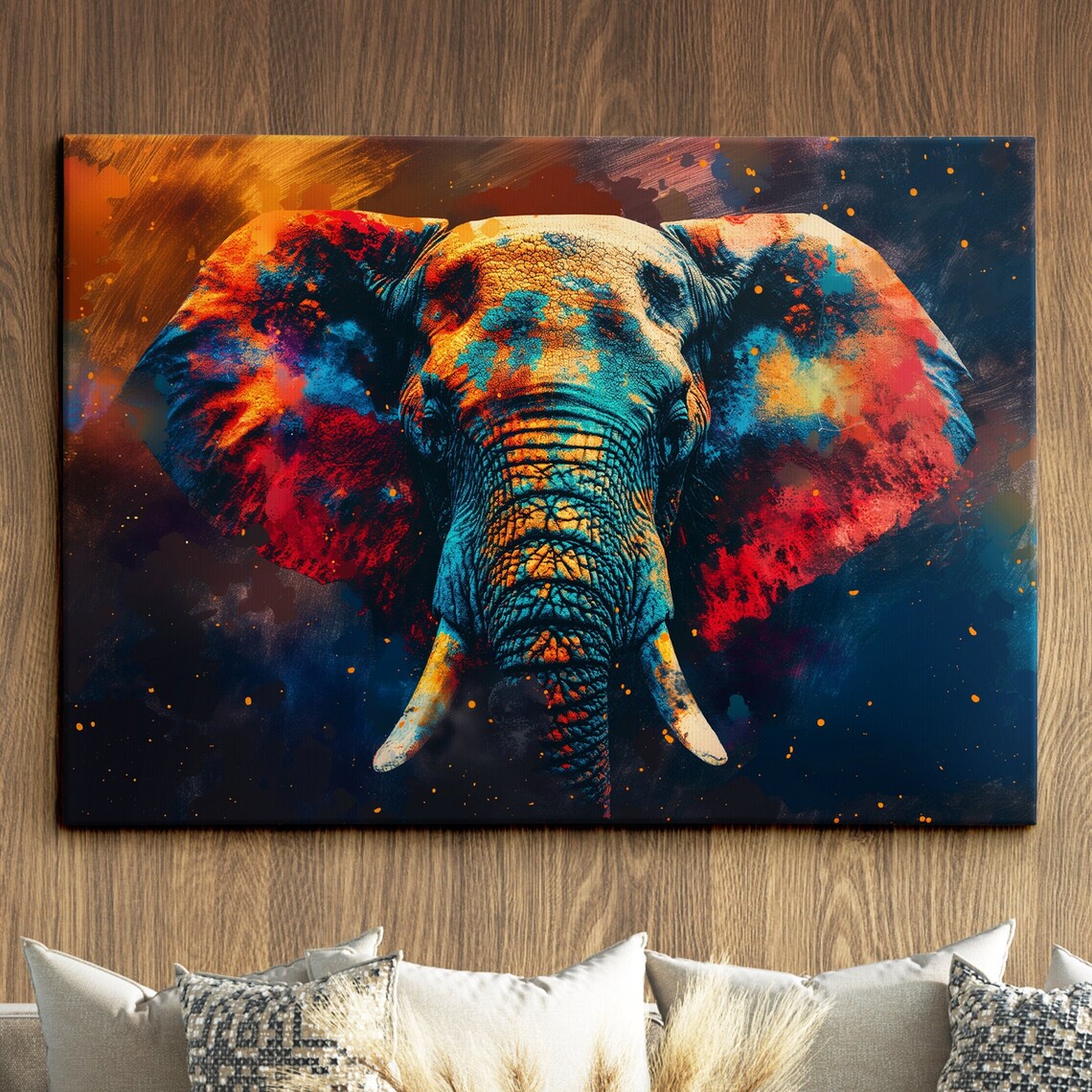 Vibrant Elephant Dark Cosmic Paint Splash Wildlife Animal Wall Art