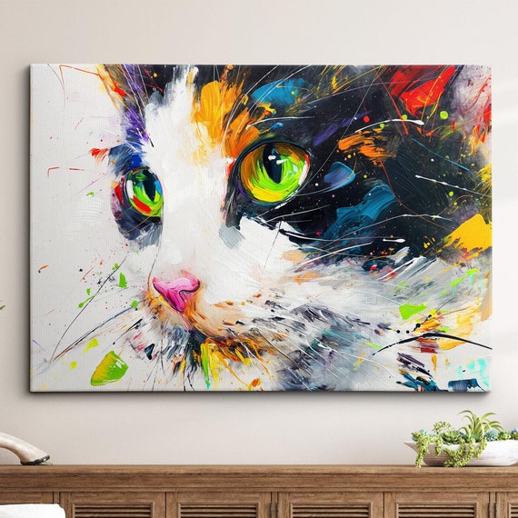 Bright Colorful Cat Pet Abstract Modern Oil Painting Wall Art Framed Canvas Poster Print Home Kitchen Room Decor Gift Ideas