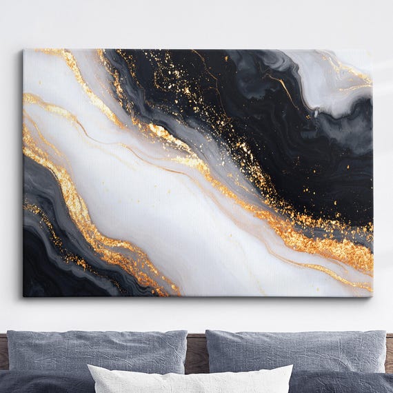 Modern Abstract Black White Minimalist Marble Oil Painting Wall Art Framed Canvas Poster Print Home Living Room Decor Gift Ideas