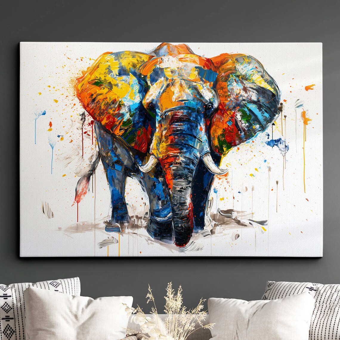Multicolor Elephant Abstract Oil Painting with Paint Splatter Poster