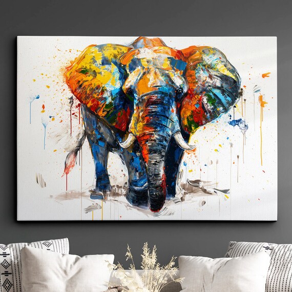 Elephant Animal Abstract Oil Painting Colourful Paint Splatter Style Wall Art Framed Canvas Poster Print Home Living Room Decor Gifts