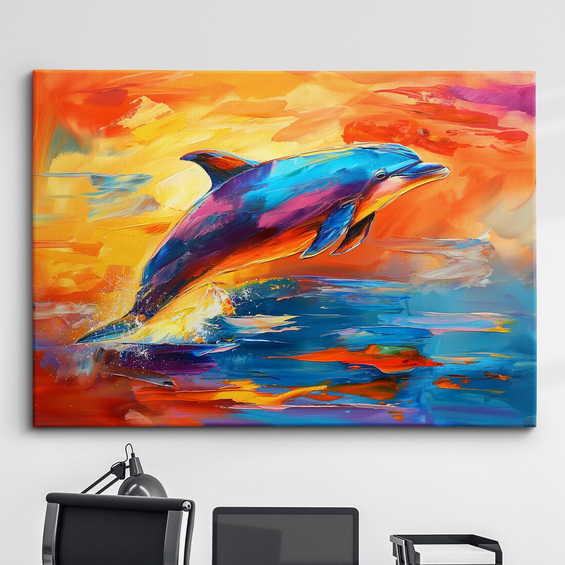 Leaping Dolphin Sunset Ocean Vivid Abstract Canvas Wall Art Decor