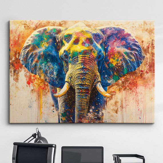 Elephant Animal Abstract Oil Painting Colourful Paint Splatter Style Wall Art Framed Canvas Poster Print Home Living Room Decor Gifts
