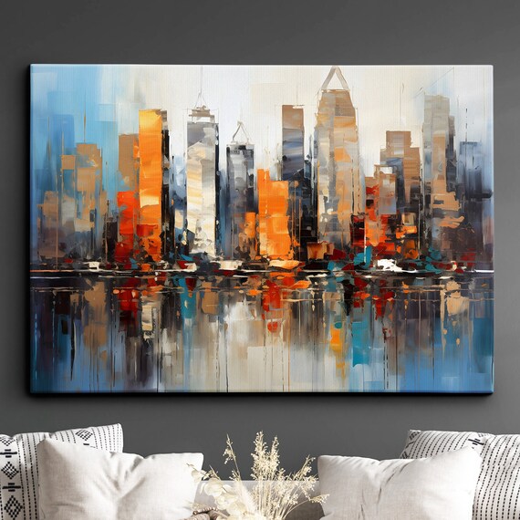 New York City Skyline Abstract Orange Blue Watercolor Art Poster
