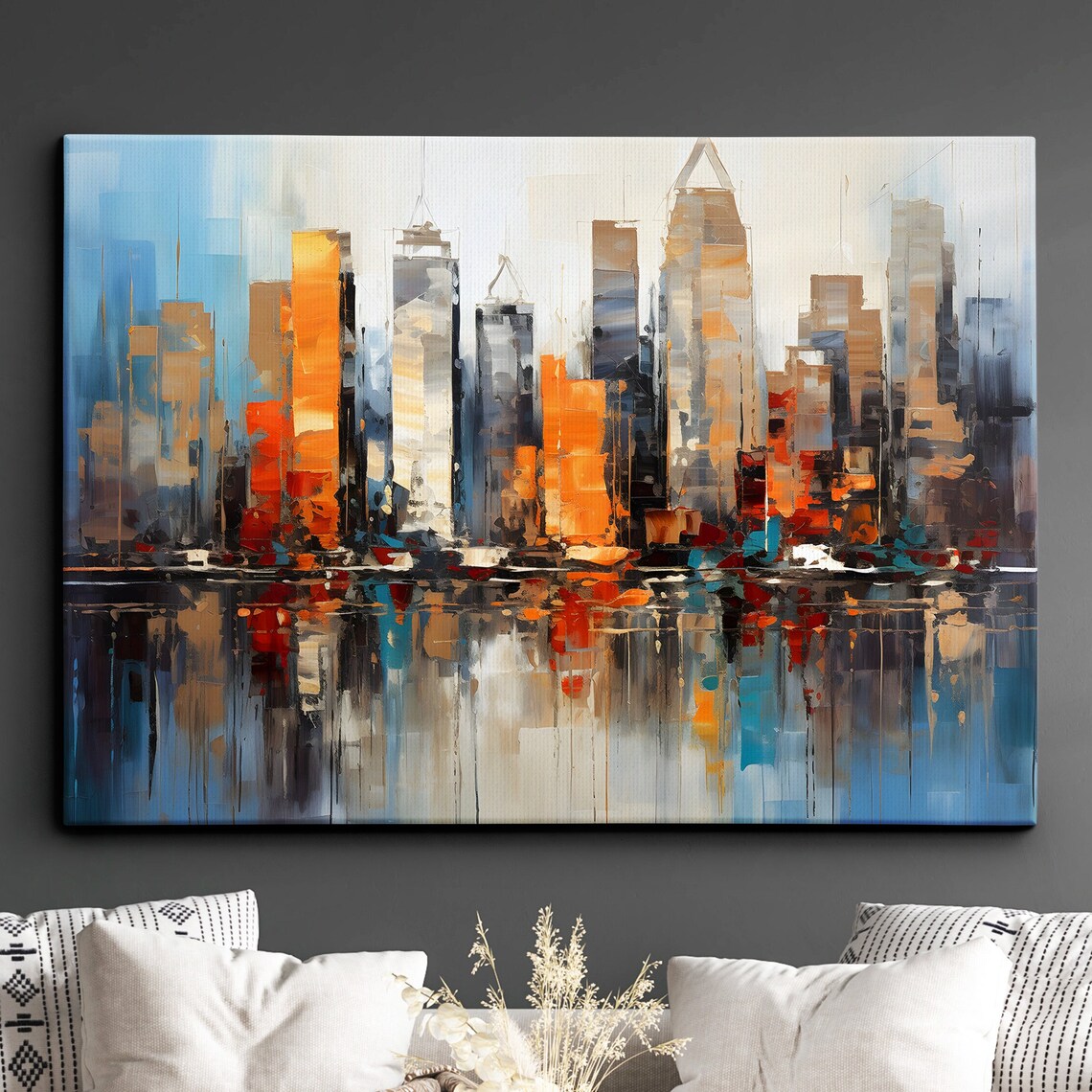 New York City Skyline Abstract Orange Blue Watercolor Art Poster