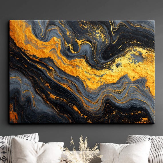 Modern Abstract Black Gold Minimalist Marble Oil Painting Wall Art Framed Canvas Poster Print Home Living Room Decor Gift Ideas
