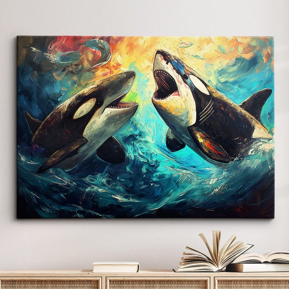 Vs Orca Sea Animal Abstract Oil Painting Colourful Paint Splatter Style Wall Art Framed Canvas Poster Print Homeoffice Room Decor