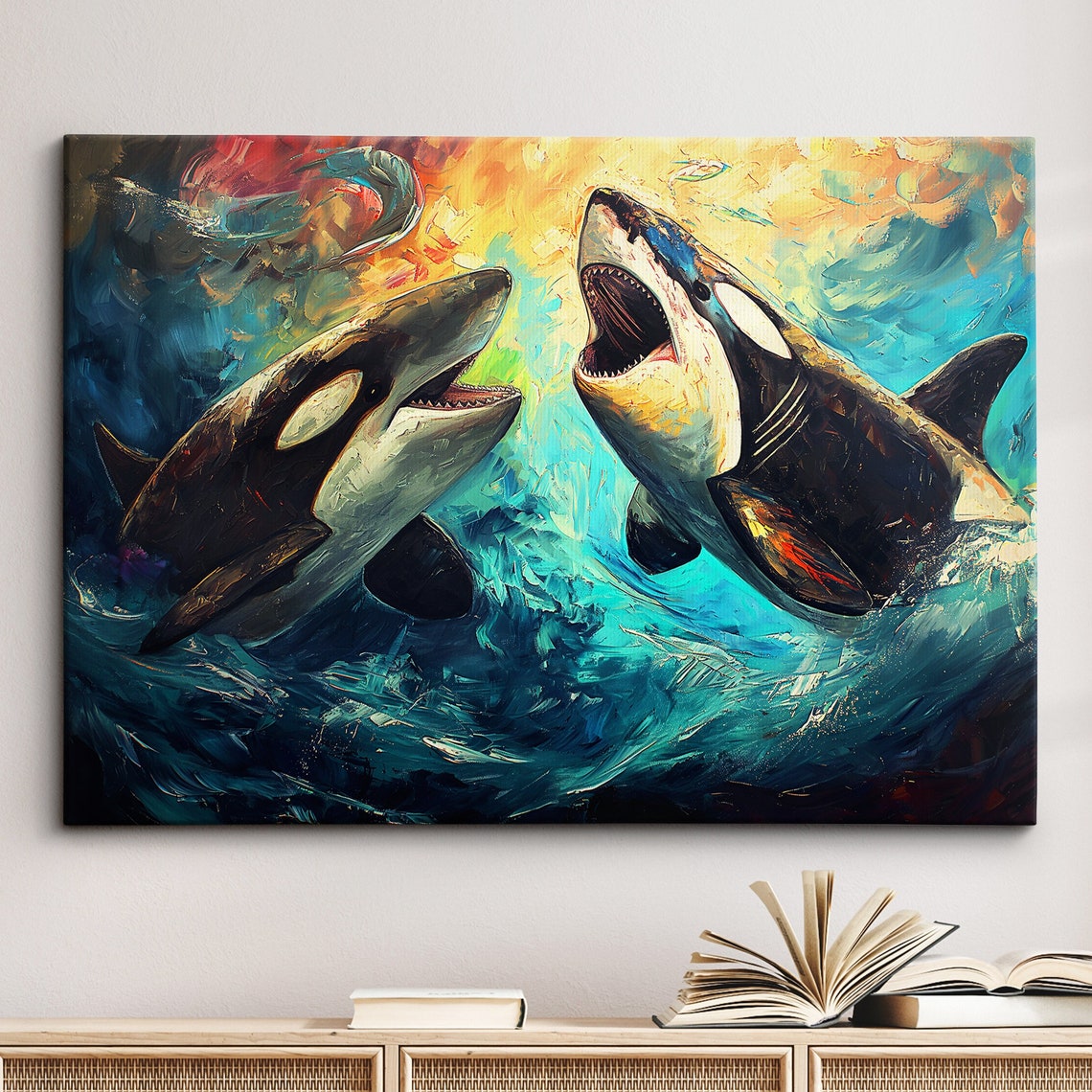 Orca Whale Pair Turquoise Ocean Waves Dynamic Oil Painting Poster