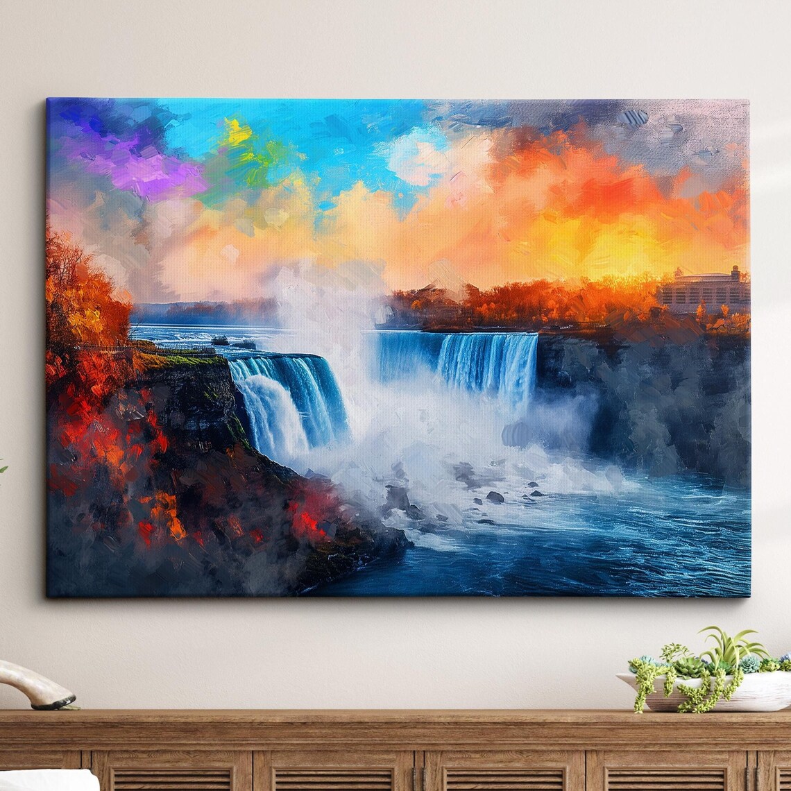 Niagara Falls Golden Sunset Oil Painting Scenic Waterfall Poster