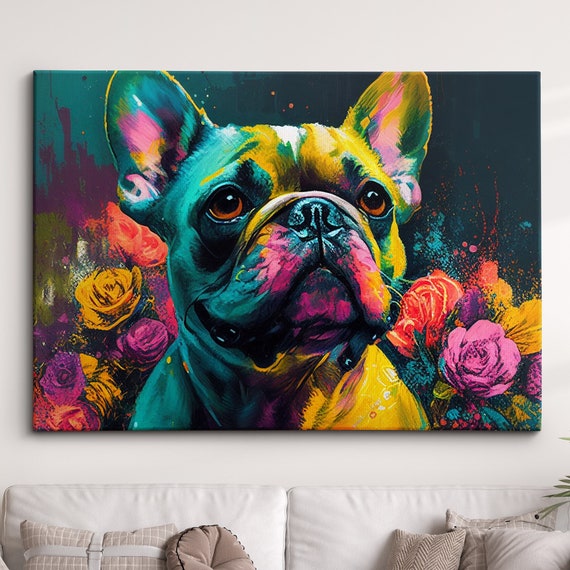 French Bulldog With Flowers Dog Pet Abstract Modern Oil Painting Wall Art Framed Canvas Poster Print Home Kitchen Office Room Decor Gifts