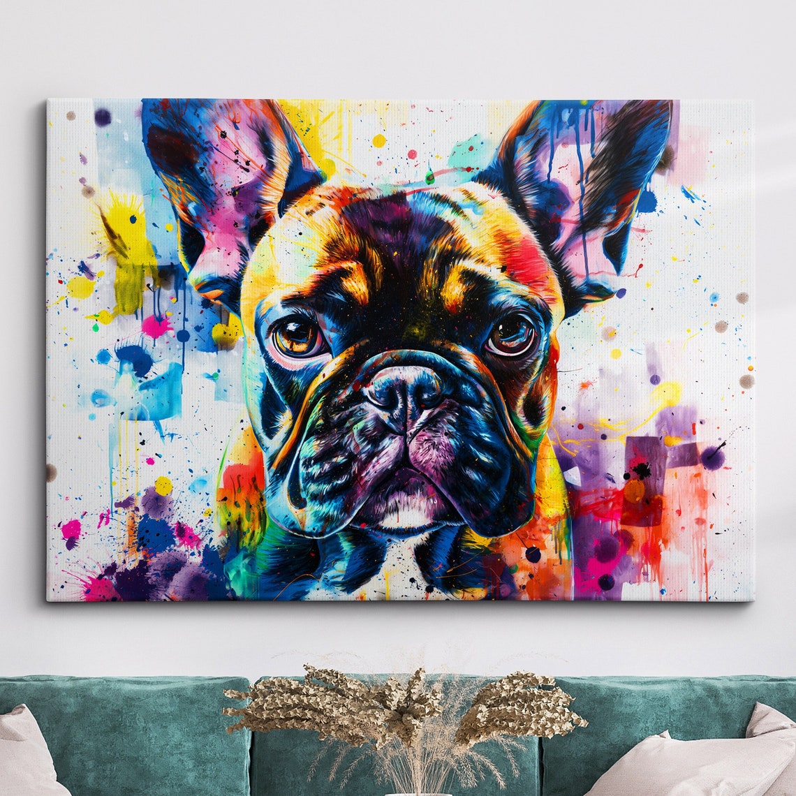 Colorful French Bulldog Dog Pet Abstract Modern Oil Painting Wall Art Framed Canvas Poster Print Home Living Room Decor Gift Ideas