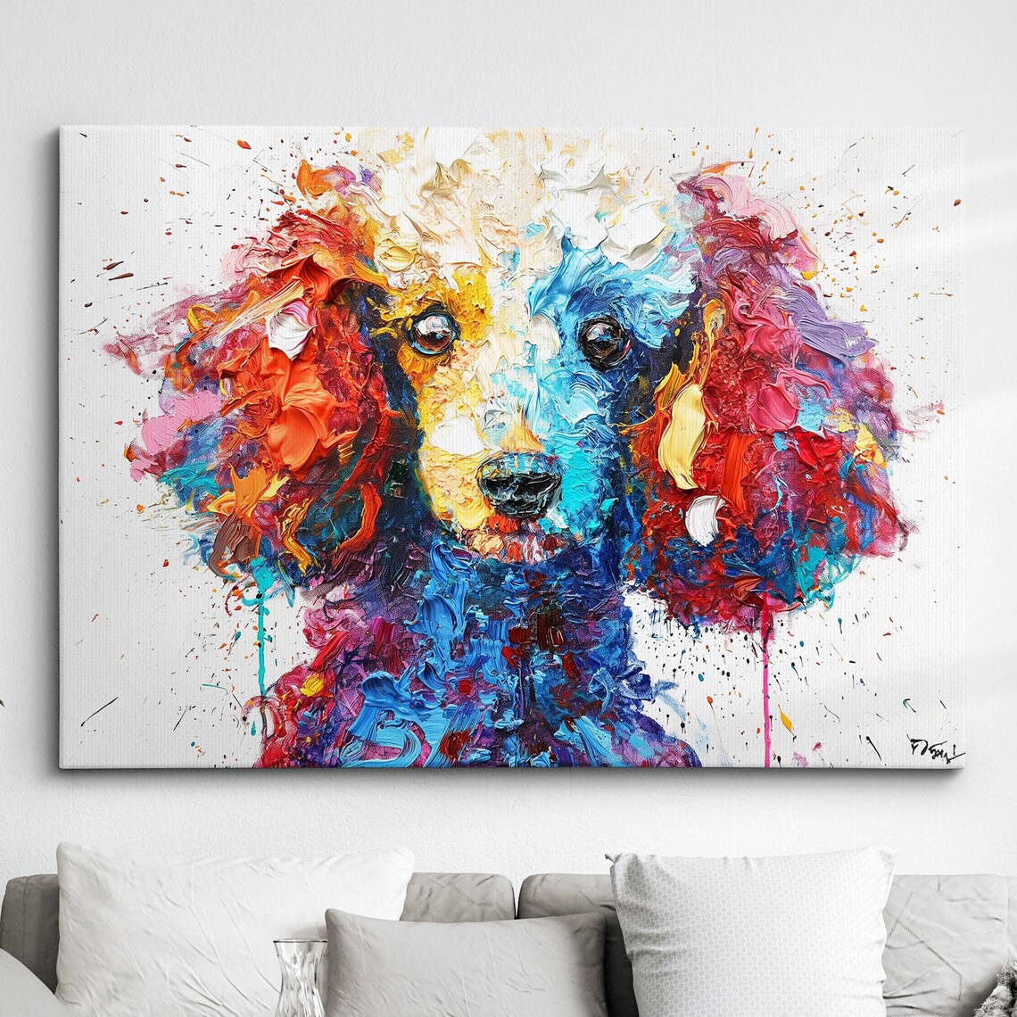 Poodle Puppy With Rainbow Paint Splatters Colorful Dog Portrait Poster