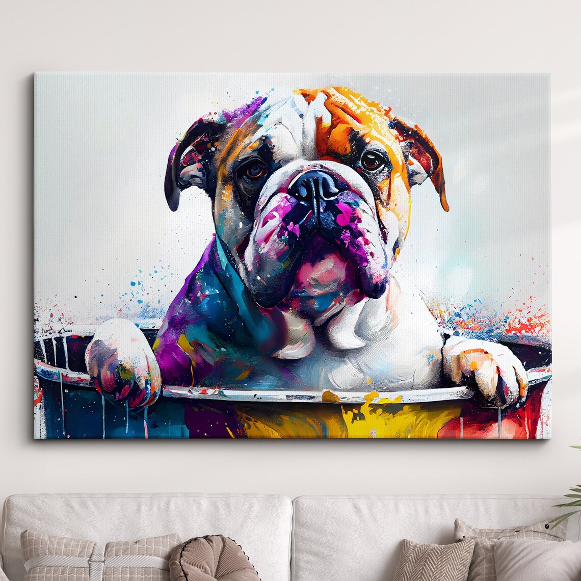 Bulldog Puppy in Bathtub Colorful Splatter Funny Dog Painting Poster