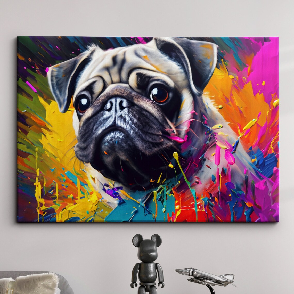 Pug Puppy Vibrant Neon Paint Splatter Pop Art Portrait Wall Art