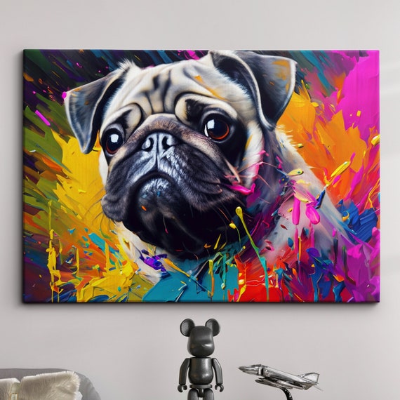 Pug Puppy Dog Animal Abstract Oil Painting Splatter Dripping Style Wall Art Framed Canvas Poster Print Home Kitchen Office Room Decor