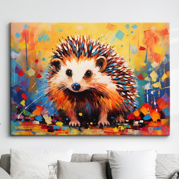 Hedgehog Animal Abstract Oil Painting Colourful Paint Splatter Style Wall Art Framed Canvas Poster Print Homeoffice Room Decor Gifts