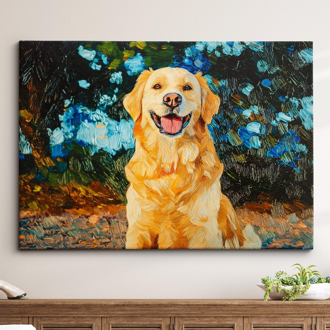Smiling Golden Retriever Portrait Blue Blossom Garden Art Poster