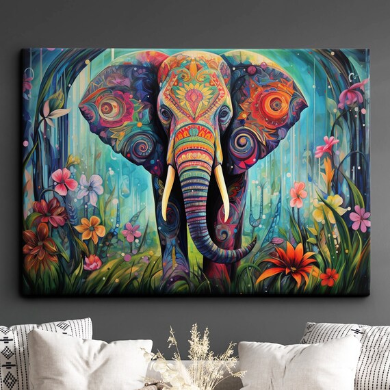 Elephant Animal Abstract Oil Painting Colourful Paint Splatter Style Wall Art Framed Canvas Poster Print Homeoffice Room Decor Gifts