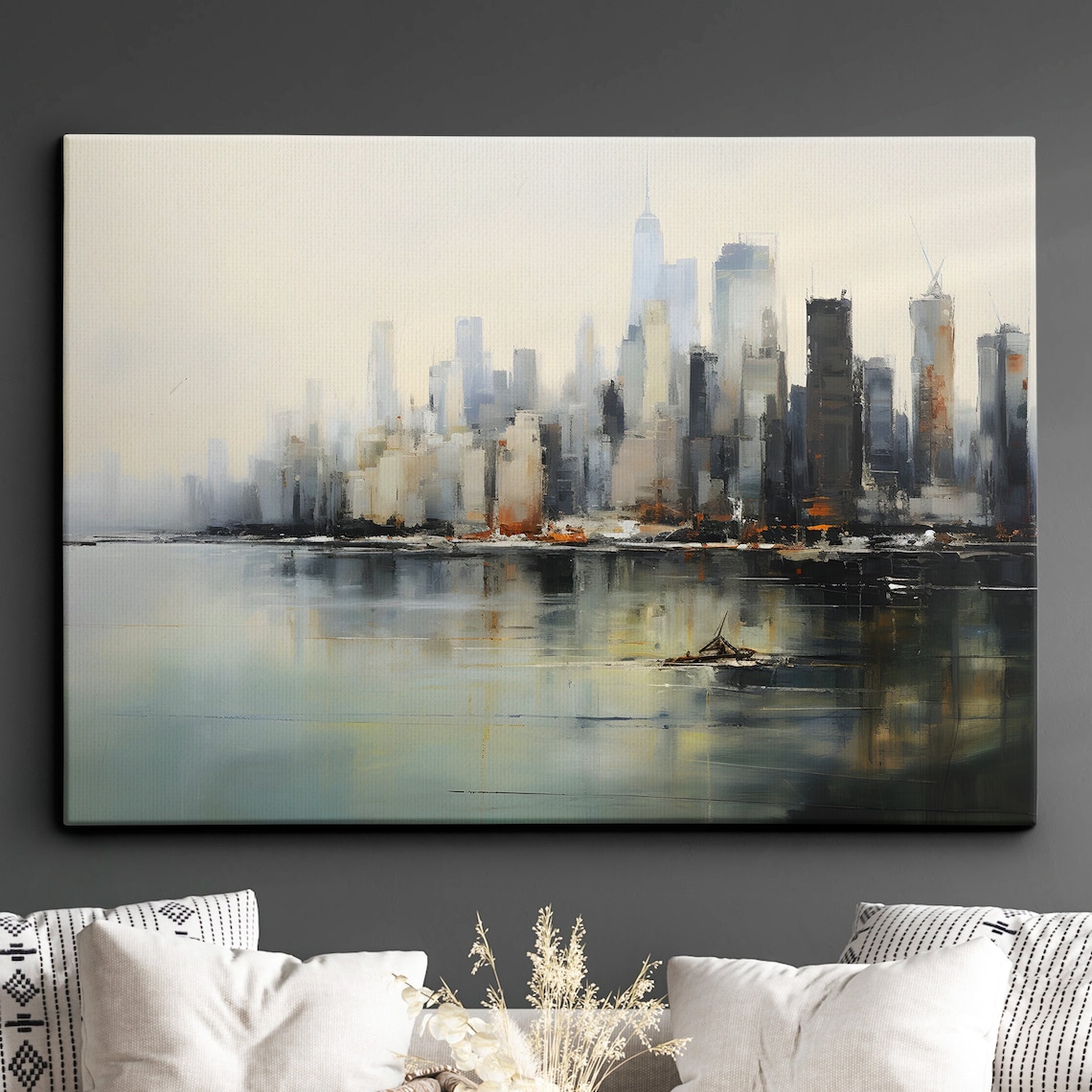 New York City Skyline Abstract Waterfront Oil Painting Canvas Poster