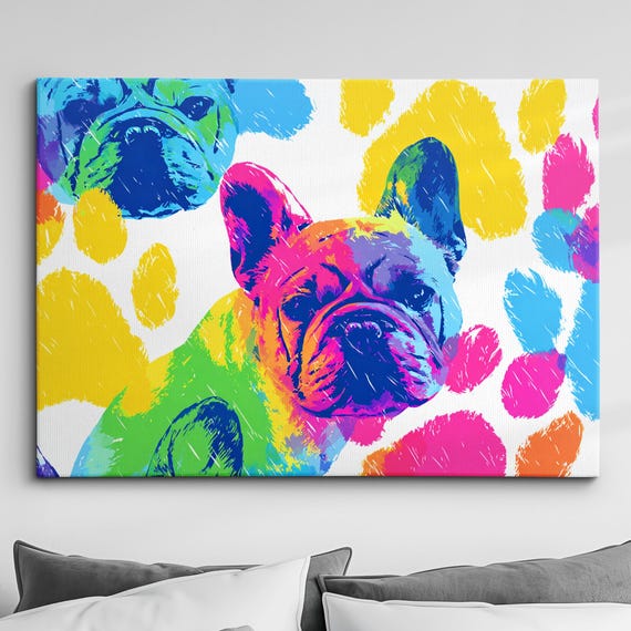 Abstract French Bulldog Pop Art Pet Dog Pattern Oil Painting Style Wall Framed Calming Canvas Poster Print Homeoffice Decor Gifts