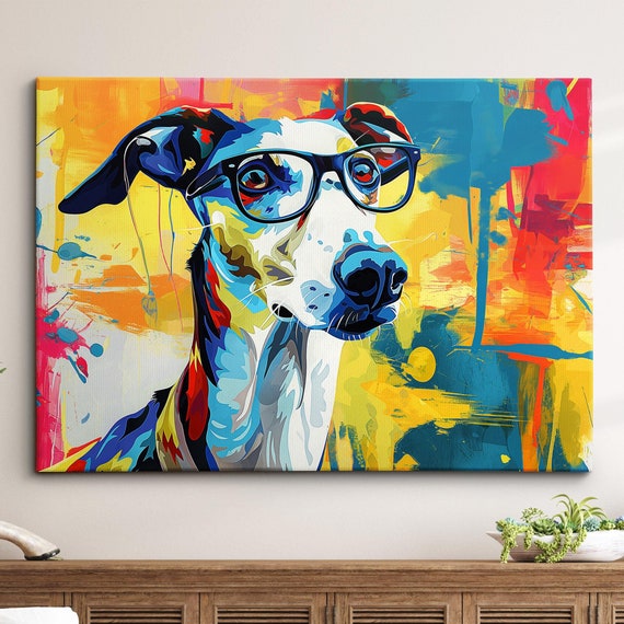 Colorful Whippet Dog Glasses Pet Abstract Modern Oil Painting Wall Art Framed Canvas Poster Print Home Kitchen Office Room Decor Gifts