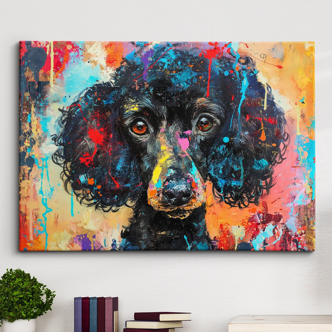 Abstract Black Poodle Face Portrait Colorful Splatter Paint Art Poster