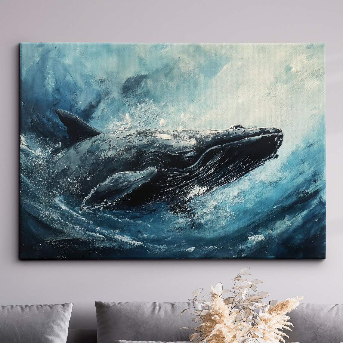 Humpback Whale Blue Ocean Waves Abstract Oil Painting Art Poster