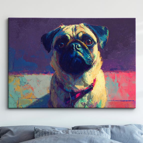Pug Cute Puppy Dog Animal Abstract Oil Painting Style Wall Art Framed Canvas Poster Print Home Kitchen Office Room Decor