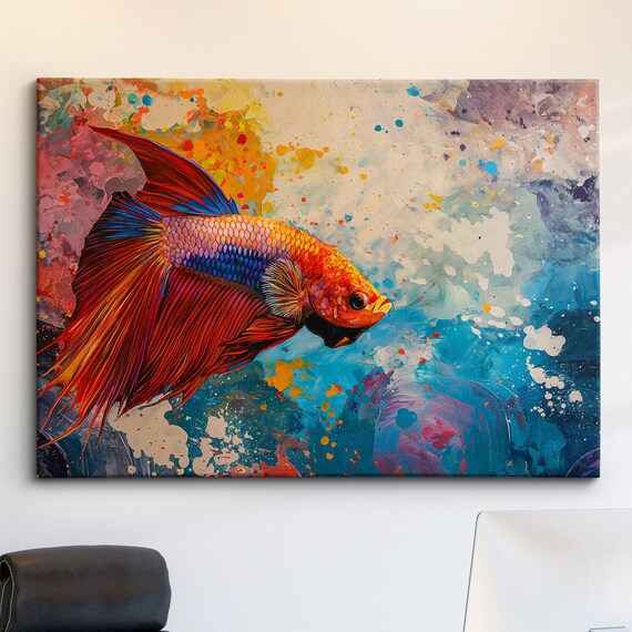 Betta Fish Fighting Animal Abstract Oil Painting Paint Splatter Wall Art Framed Canvas Poster Print Home Living Room Decor Fun Gift