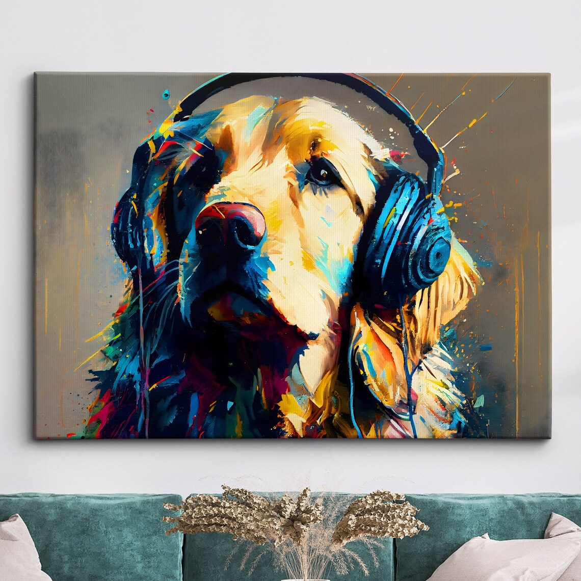 Golden Retriever Headphones Abstract Modern Art Print