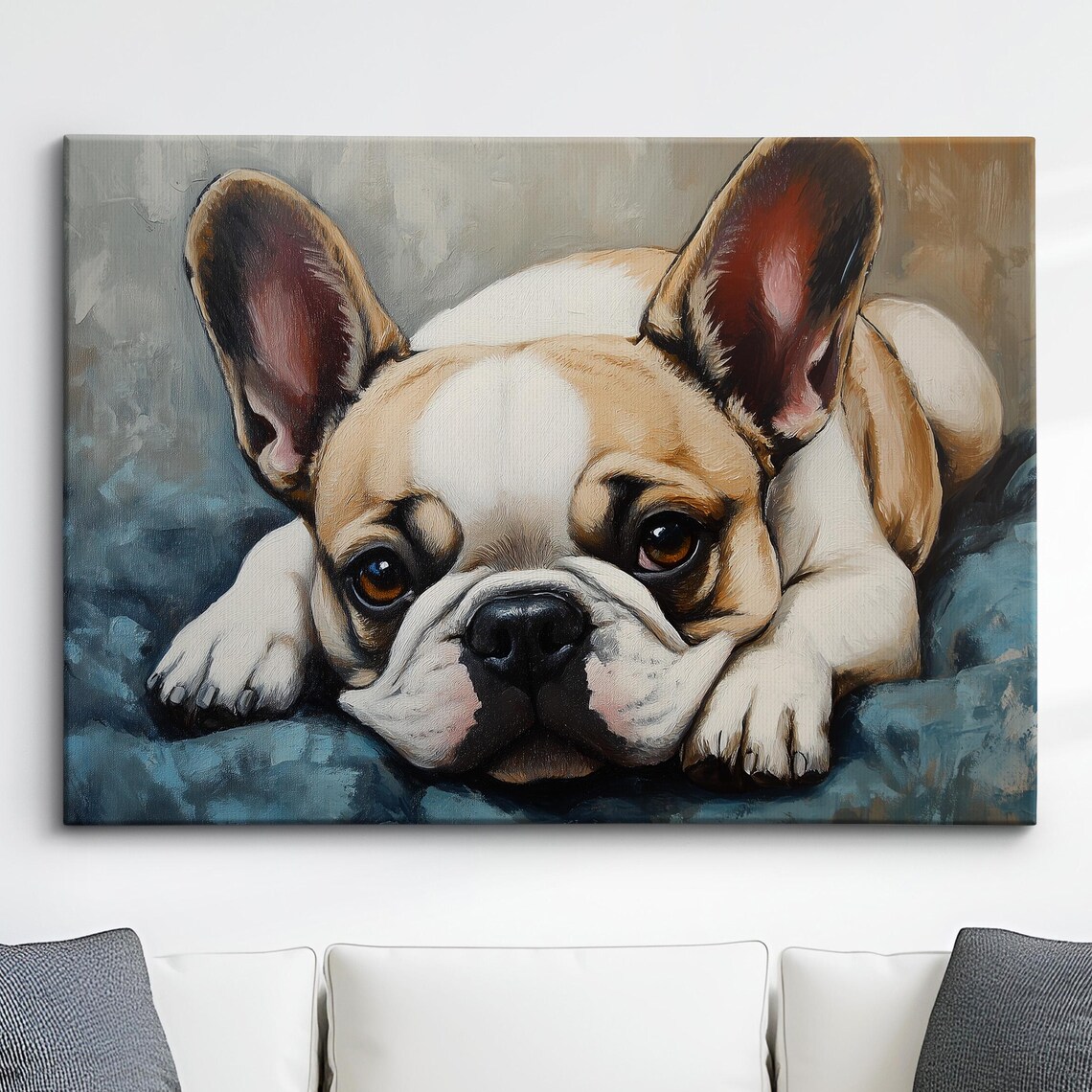 French Bulldog Puppy Lying on Blue Blanket Oil Painting Wall Art