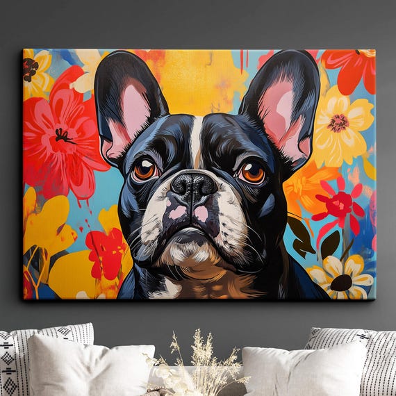 French Bulldog Colorful Pattern Floral Abstract Modern Oil Painting Wall Art Framed Canvas Poster Print Home Kitchen Office Decor Dog Gifts