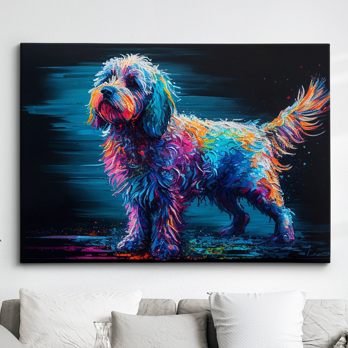 Cockapoo Dog Full Body Colorful Oil Painting Standing Portrait Poster