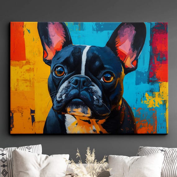 Colorful French Bulldog Abstract Modern Oil Painting Wall Art Framed Canvas Poster Print Home Kitchen Office Room Decor Dog Gift Ideas