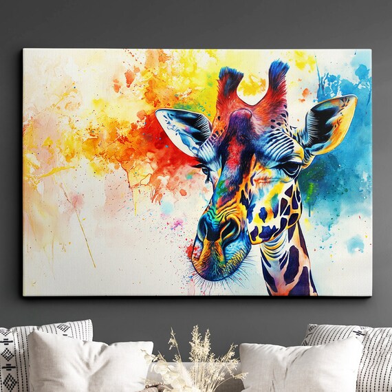 Colorful Giraffe Abstract Animal Oil Painting Style Landscape Wall Art Framed Canvas Poster Print Home Kitchen Living Bedroom Decor Gifts
