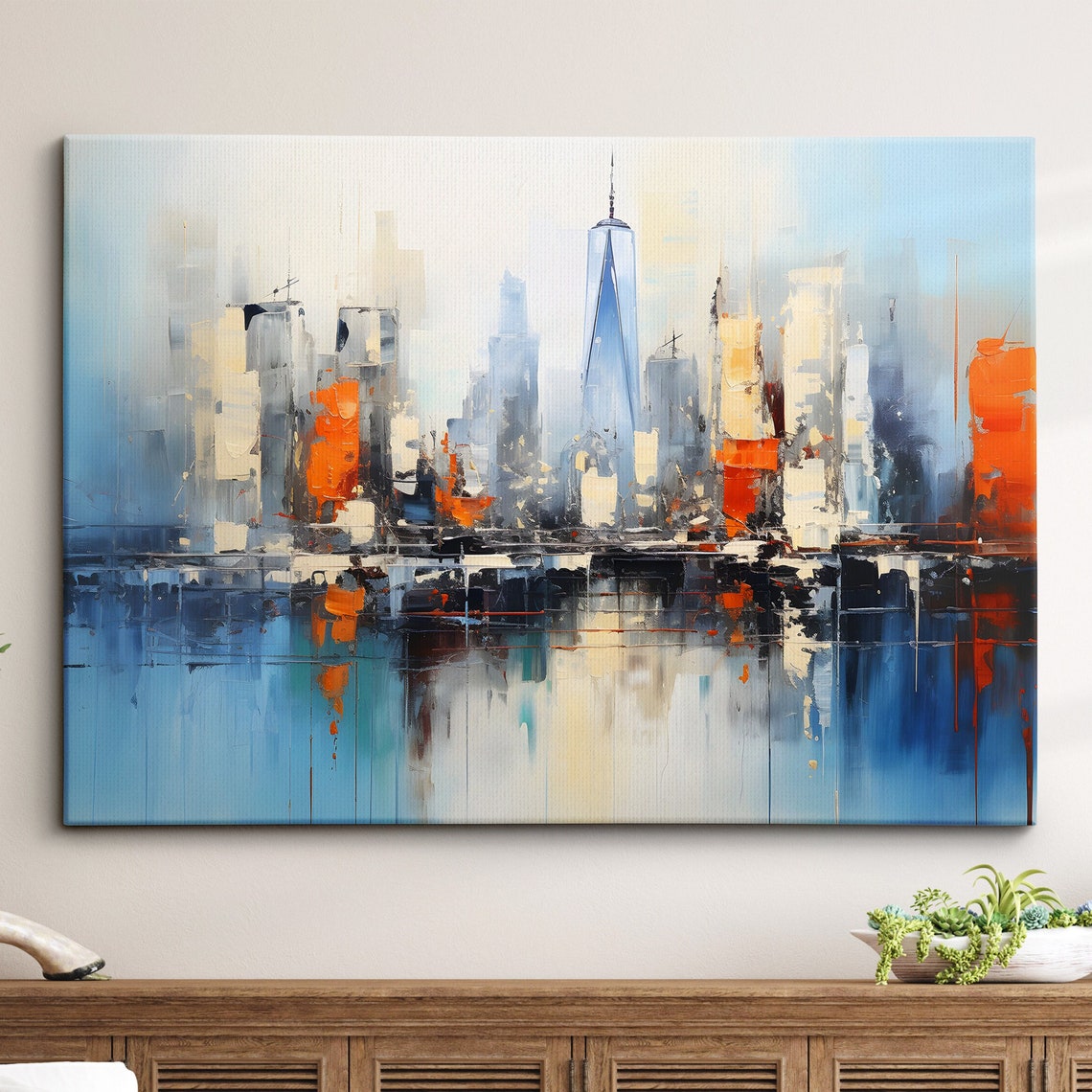 New York City Skyline Abstract Oil Painting Blue Orange Art Poster