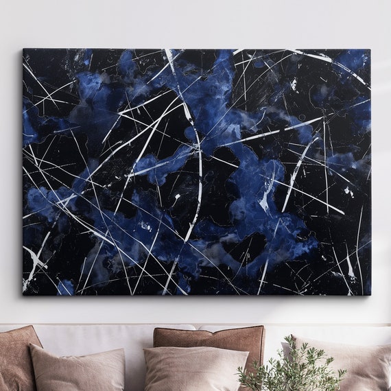 Modern Abstract Black Blue Free Form Exhibition Oil Painting Wall Art Framed Canvas Poster Print Home Living Room Decor